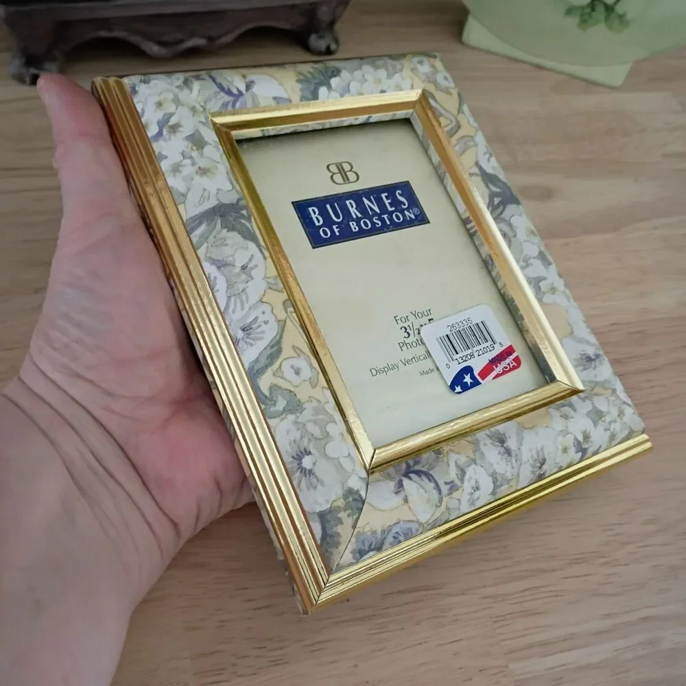 NEW Vintage Burnes of Boston Picture Frame Ceramic Floral Gold Trim Holds 3.5x5